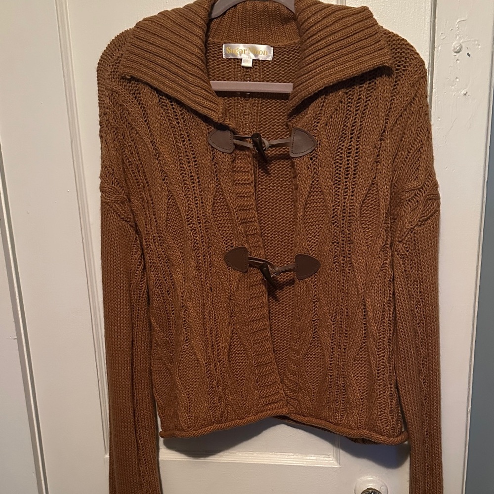 Sugar Moon: Stylish Brown Cable Knit Cardigan with Toggle Closures